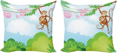ABAKUHAUS Decoratieve kussenhoezen voor de kleuterschool, set van 2, Aapje dat schommelt, 45x45 cm, Gro Bruin, Roze