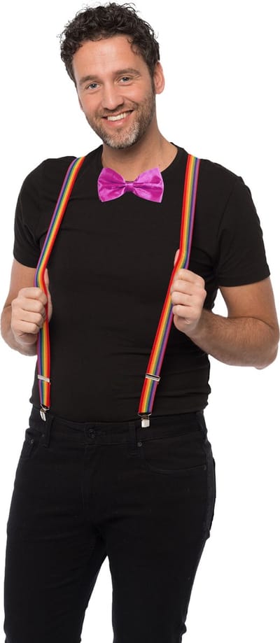 Carnaval verkleedset bretels en strik - regenboog - roze - volwassenen/unisex - feestkleding