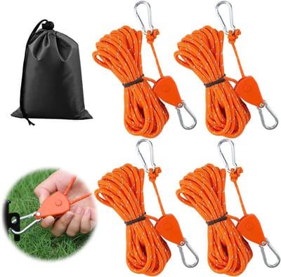 Verstelbare Touwratel Set van 4 Stuks, 4mm Guy Ropes met Kabelspanner, Ideaal voor Tent en Zonzeil, Inclusief Opbergtas en Reflecterende Touwen