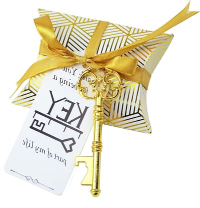 50 Stuks Vintage Trouwen Geschenkset met Skeleton Sleutelhangers, Snoepdozen en Bedanklabels in Antiek Goud