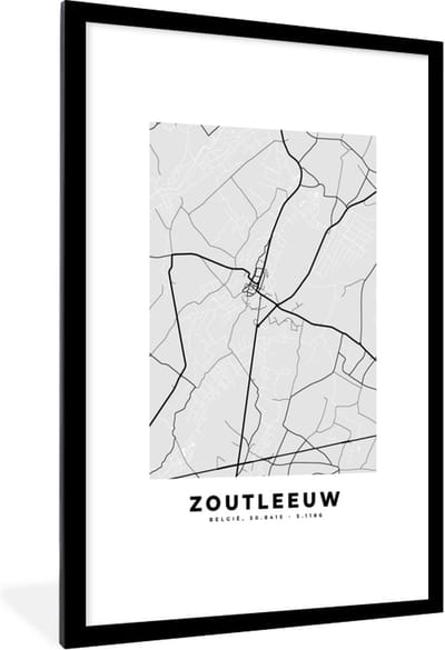 Fotolijst incl. Poster Zwart Wit- Stadskaart – Plattegrond – België – Zwart Wit – Zoutleeuw – Kaart - 80x120 cm - Posterlijst