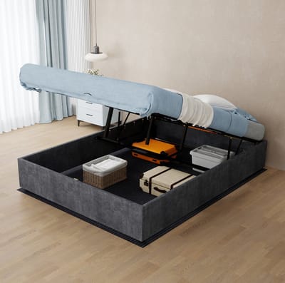 MIVRAY Bed 140x200 cm - Tweepersoons Bedframe met Gasveer en Opbergruimte - Zonder Hoofdbord en Zonder Matras - Stof en Metaal - Grijs