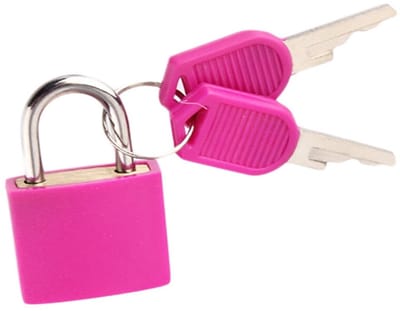 1 klein gekleurd bagageslot met 2 sleutels, metalen bagageslot, sleutel van messing met kunststof coating.