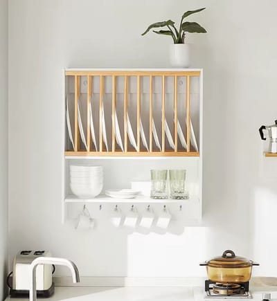 Modern Wandbord rek - Bordeneenheid met 6 Mokkenhouders - Bordenrek Muurmontage - Wit & Eikenhout - Keuken Organizer - 54 cm breed