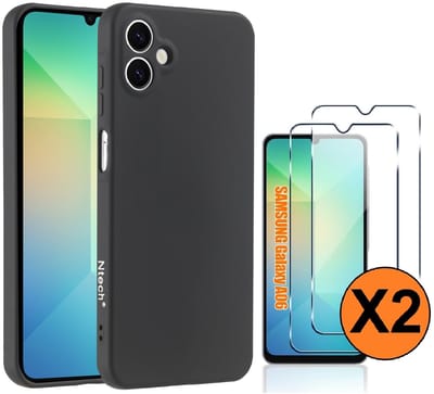 Hoesje Geschikt Voor Samsung Galaxy A06 Hoesje siliconen Zwart zacht siliconen hoesje A06 TPU backcover - Met Screenprotector - 2 stuks