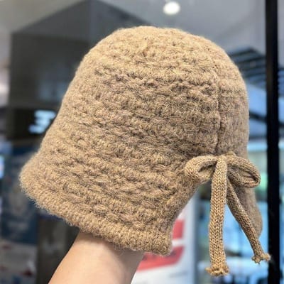 Chapeau de pêcheur tricoté ajouré à fente ouverte pour femmes, automne et hiver chaud avec protection des oreilles, chapeau seau one size beige