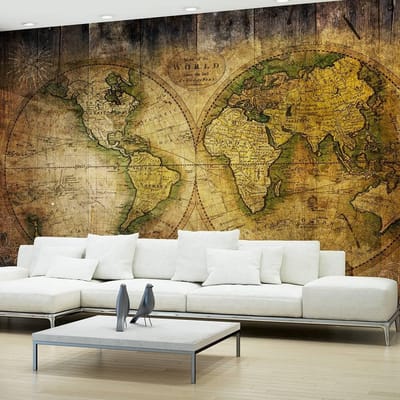 200cm X 140cm - Fotobehang - Vliesbehang Op zoek naar de oude wereld, wereldkaart, premium print, bruin/geel, instructie bijgesloten, geen behangtafel nodig
