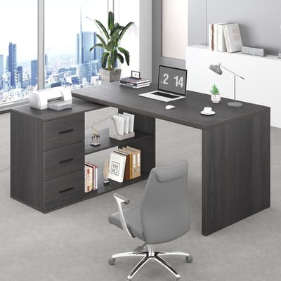 Hoekbureau L-vormig met 3 Laden en 2 Opbergplanken - Omkeerbaar Bureau voor Thuiswerkplek, Computertafel, Werkbureau en Gaming Bureau - Donkergrijs Eiken - 140 x 50 x 76 cm - Mobili Bella