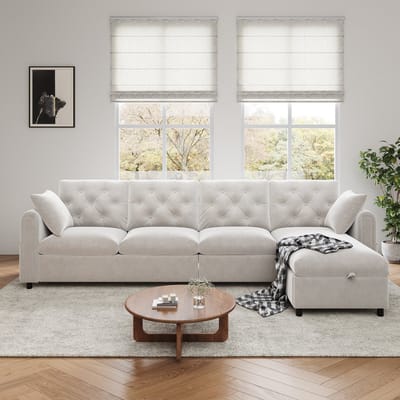 L-vorm fluwelen slaapsofa met opbergvak en knooptufting - verstelbare hoek links/rechts - 281x86x71 cm, 3-4 personen - beige - zijvakken in armleuningen - slaapfunctie