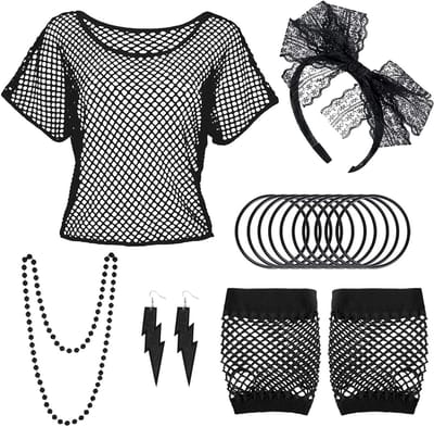 80s Kostuumaccessoires Set voor Feest, Retro Net Shirt, Oorbellen, Armband en Handschoenen voor Carnaval en Cosplay