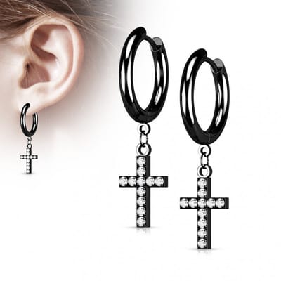 Oorbellen gemmed cross hanger 0.8x10 - zwart - LMPiercings
