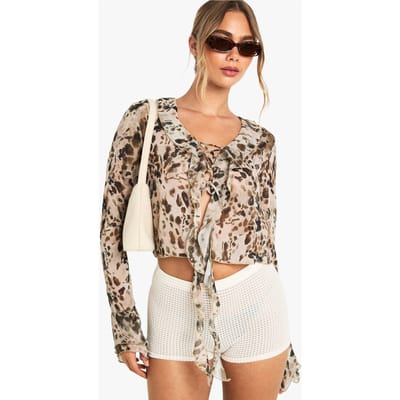 boohoo Dames Chiffon Tie Front Ruffle Blouse | Bruin | Maat: 34