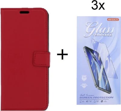 Bookcase Geschikt voor: Sony Xperia 5 III - Rood - portemonee hoesje met 3 stuks Glas Screen protector