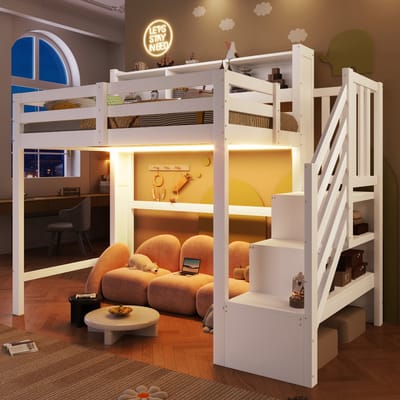 Hoogslaper 90x200 cm - LED-verlichting en Grote Opbergruimte - Opbergladder en Open Vakken - Hout - Wit
