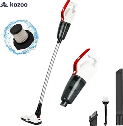 Kozoo Steelstofzuiger Draadloos - Zonder Zak - Op Accu - 4-in-1 - Vacuum Cleaner - Draadloze Stofzuiger - Inclusief Kruimeldief - Kruimelzuiger - HEPA Filter - 0,75L Stofbak - 3 Verschillende Opzetstukken - Rood/Wit
