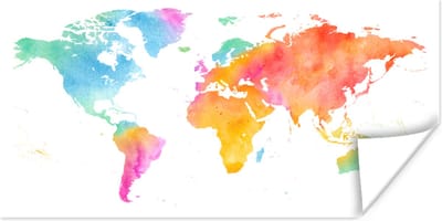 Poster 120x60 cm - Wereldkaart - Regenboog - Waterverf - Posters - Kamer decoratie - Wanddecoratie woonkamer - Muurdecoratie slaapkamer