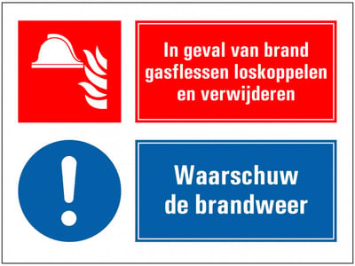 Bij brand gasflessen loskoppelen en verwijderen sticker 280 x 210 mm