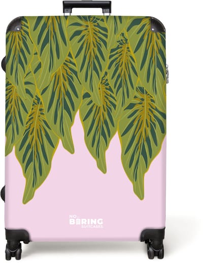 NoBoringSuitcases.com® - Koffer groot - Reiskoffer lichtgewicht - Roze met groene bladeren - Rolkoffer met 4 wielen - Grote trolley XL - 98 liter bagage