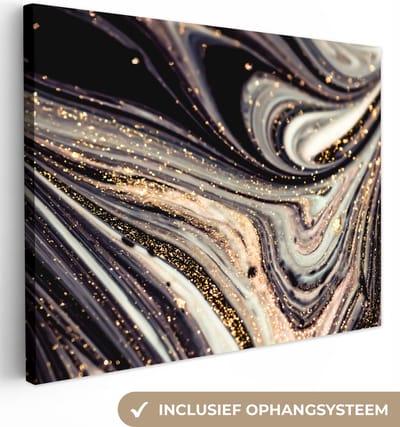 Canvas schilderij 80x60 cm - Wanddecoratie Marmerlook - Zwart - Goud - Wit - Glitter - Marmer - Muurdecoratie woonkamer - Slaapkamer decoratie - Kamer accessoires - Schilderijen op canvas