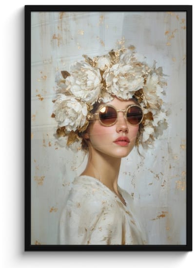 Poster in lijst - Fotolijst 60x90 cm - Posters - Schilderij - Vrouw - Zonnebril - Bloemenkrans - Posterlijst zwart - Decoratie - Wanddecoratie woonkamer - Muurdecoratie slaapkamer