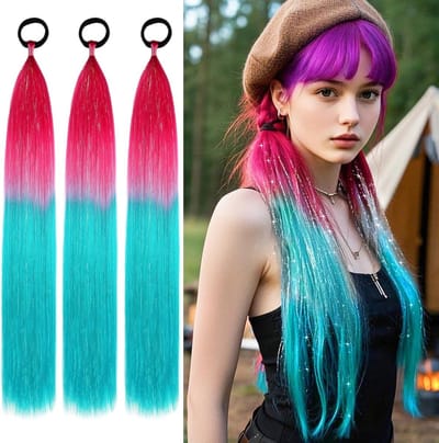 3-delige Ombre Haarextensions van 60 cm - Lange, Gladde Ponytail en Vlecht van Synthetisch Haar in Donkerrood/Cyaan voor Vrouwen en Meisjes, Perfect voor Feestjes en Evenementen