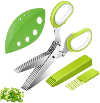 Dailygoods- Kruiden Schaar 5-Bladig - Antislip Grip - Inclusief Schoonmaakborstel - Veiligheidsdeksel - Groene Bladverwijderaar - Comfortabel Gebruik - Keukenschaar