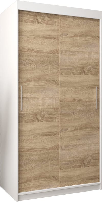InspireMe - Kledingkast met 2 schuifdeuren, Modern-stijl, Kledingkast met planken (BxHxD): 100x200x62 - TORM 100 Wit Mat + Sonoma Eik met 2 lades