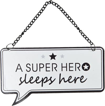 Clayre & Eef Tekstbord 14x9 cm Wit Zwart Metaal Rechthoek Superhero Wandbord