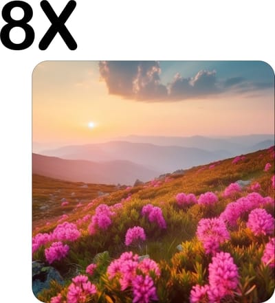 Luxe Placemat - Roze Bloemen op een Berg bij Zonsondergang - Set van 8 Placemats - 50x50 cm - 2 mm dik Vinyl - Anti Slip - Afneembaar