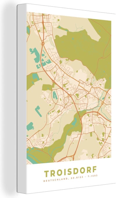 Canvas Schilderij Troisdorf - Plattegrond - Kaart - Vintage - Stadskaart - 20x30 cm - Wanddecoratie