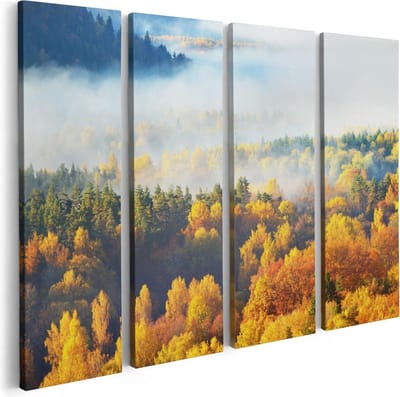Artaza Canvas Schilderij Vierluik Gekleurde Herfstbos Met Mist - 80x60 - Foto Op Canvas - Canvas Print