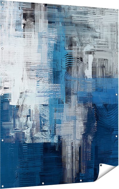 Gards Tuinposter Abstracte Kunst - Blauw Witte Penseelstreken - 120x160 cm - Tuindoek - Tuindecoratie - Wanddecoratie buiten - Tuinschilderij