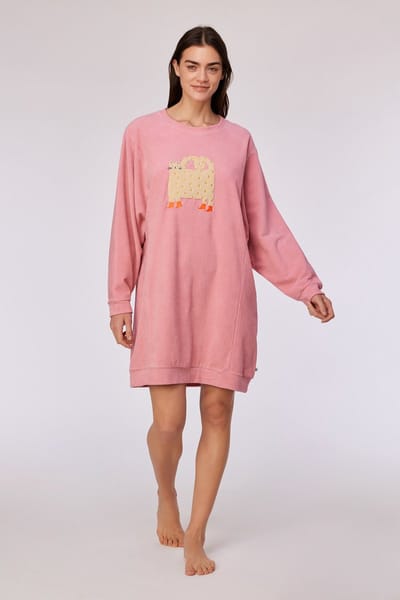 Woody slaapkleed meisjes/dames velours - roze - kat - 252-10-WDA-V/404 - maat XXL