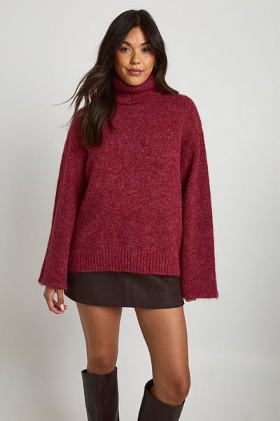 boohoo Dames Zachte gebreide oversized rollhals trui | Burgundy | Maat: Small