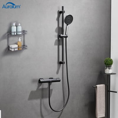 Auralum Max Glijstangset Mat Zwart - Complete Doucheset zonder Kraan - 70 cm RVS Douchestang - Met 4 Standen Handdouche & Slang