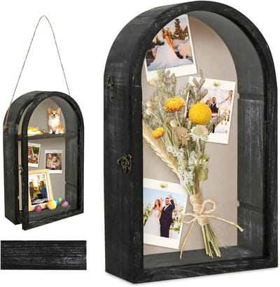 Grote 3D Fotolijst voor Bloemen en Herinneringen, Diepe Houten Displaybox met Deur, Decoratieve Fotokader voor Medailles en Objecten