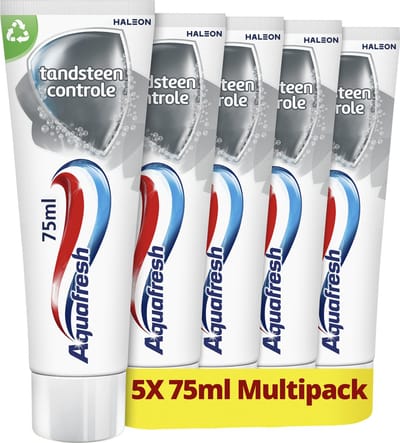 Aquafresh Tandsteen Controle Tandpasta voor gezonde tanden voordeelverpakking 5x75ml, recyclebare plastic tube en dop