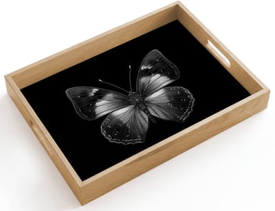 Dienblad hout 40x30 cm - Schootdienblad - Vlinder - Grijs - Mysterieus - Borrelplank rechthoek - Plateau dienbladen