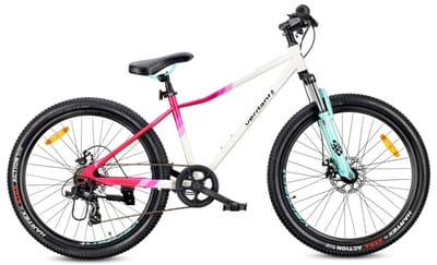 VERDANT CALIX Mountainbike 26", MTB-fiets voor dames en heren, fiets 6 inch - vering, schijfremmen, 7 versnellingen - Wit-Roze-Mintgroen