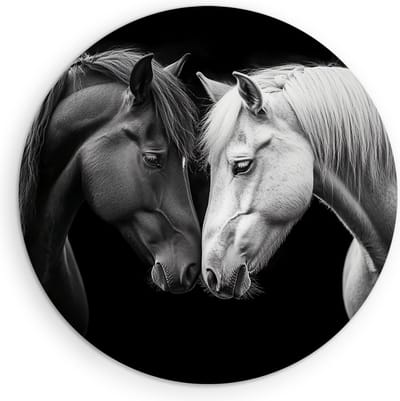 Saammp Muurcirkel Hout - 2 Verliefde Paarden - Zwart-Wit - Dieren - Natuur - Ø 90 - Wandcirkel - Wanddecoratie Cirkel - muurdecoratie Woonkamer - Slaapkamer decoratie - Rond Schilderij