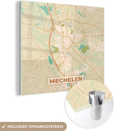 MuchoWow® Glasschilderij 90x90 cm - Schilderij acrylglas - België - Kaart - Mechelen - Stadskaart - Plattegrond - Foto op glas - Schilderijen