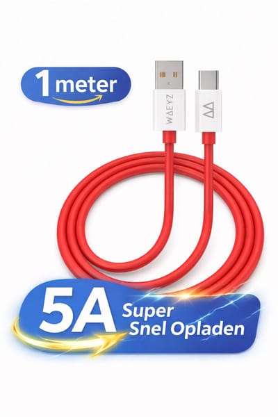 WAEYZ USB C Kabel 1 Meter - USB A naar USB C 5A Snellader oplaadkabel - Rood Snoer Voor o.a. Telefoon - Tablet - Laptop