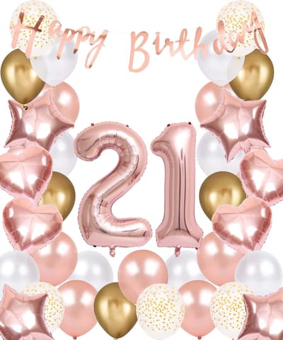 Snoes Ballonnen 21 Jaar Rose Gold White Dots - Compleet Feestpakket met cijfer ballon 21 Jaar - Verjaardag Versiering Slinger Happy Birthday – Folieballon – Latex Ballonnen - Helium Ballonnen - Rose Feestpakket