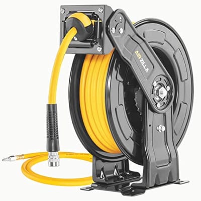 Premium stalen intrekbare luchtslanghaspel met dubbele arm - 3/8" x 65' hybride polymeerslang - Automatische terugspoelspoel en snelle luchtkoppeling