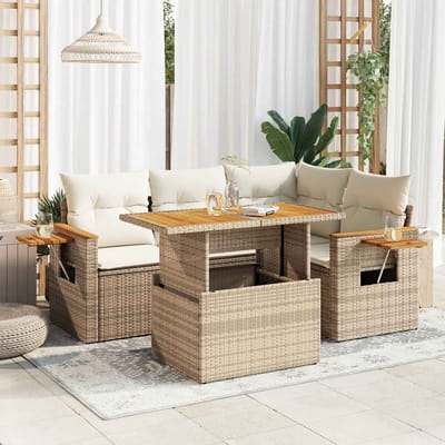 vidaXL - 5-delige - Loungeset - met - kussens - poly - rattan - en - acaciahout - beige