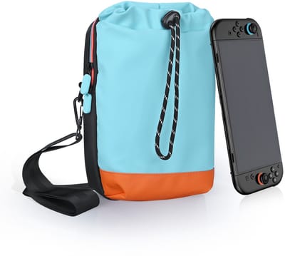 Crossbody Reistas voor Nintendo Switch 2 van MMOBIEL – Schoudertas met Trekkoordvak voor Joy-Cons, Console & Accessoires – Verstelbare Schouderband - Gaming Draagtasje met Opbergruimte – Blauw/Oranje