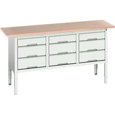 Werkbank Boot verso, met multiplex bovenblad, 9 laden, B 1750 x D 600 x H 830 - 930 mm, RAL 7035 lichtgrijs