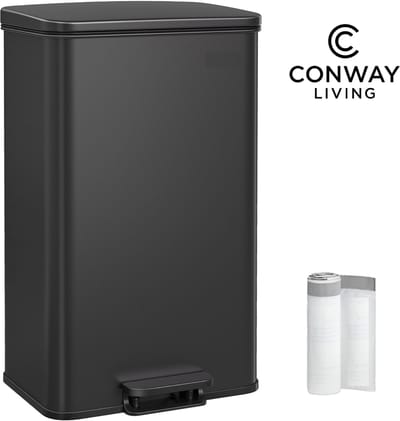 Conway Living® - Keuken prullenbak 40L – Soft‑Close Pedaalemmer – RVS Kwaliteitsstaal – Geruisloos Deksel – Zakretentiering voor Extra Ruimte – Hygiënisch Handsfree – Inclusief 15 Perfect Passende Afvalzakken – Afvalemmer voor Keuken & Huishouden