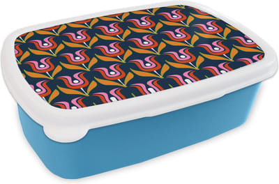 Broodtrommel Blauw - Lunchbox Retro - Tulp - Abstract - Design - Brooddoos 18x12x6 cm - Brood lunch box - Broodtrommels voor kinderen en volwassenen