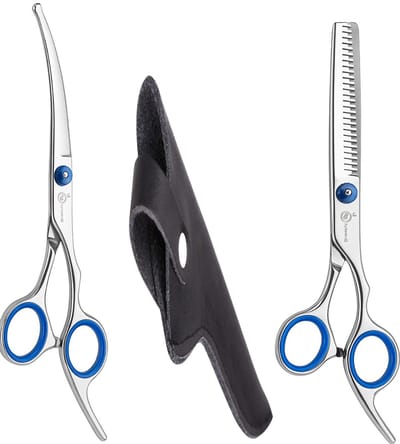 Professor Q Combo - Scharenset – Uitdunschaar + Gebogen Hondentrimschaar – RVS – Ergonomisch + Luxe Lederen Etui – 16,5 cm – Zwart